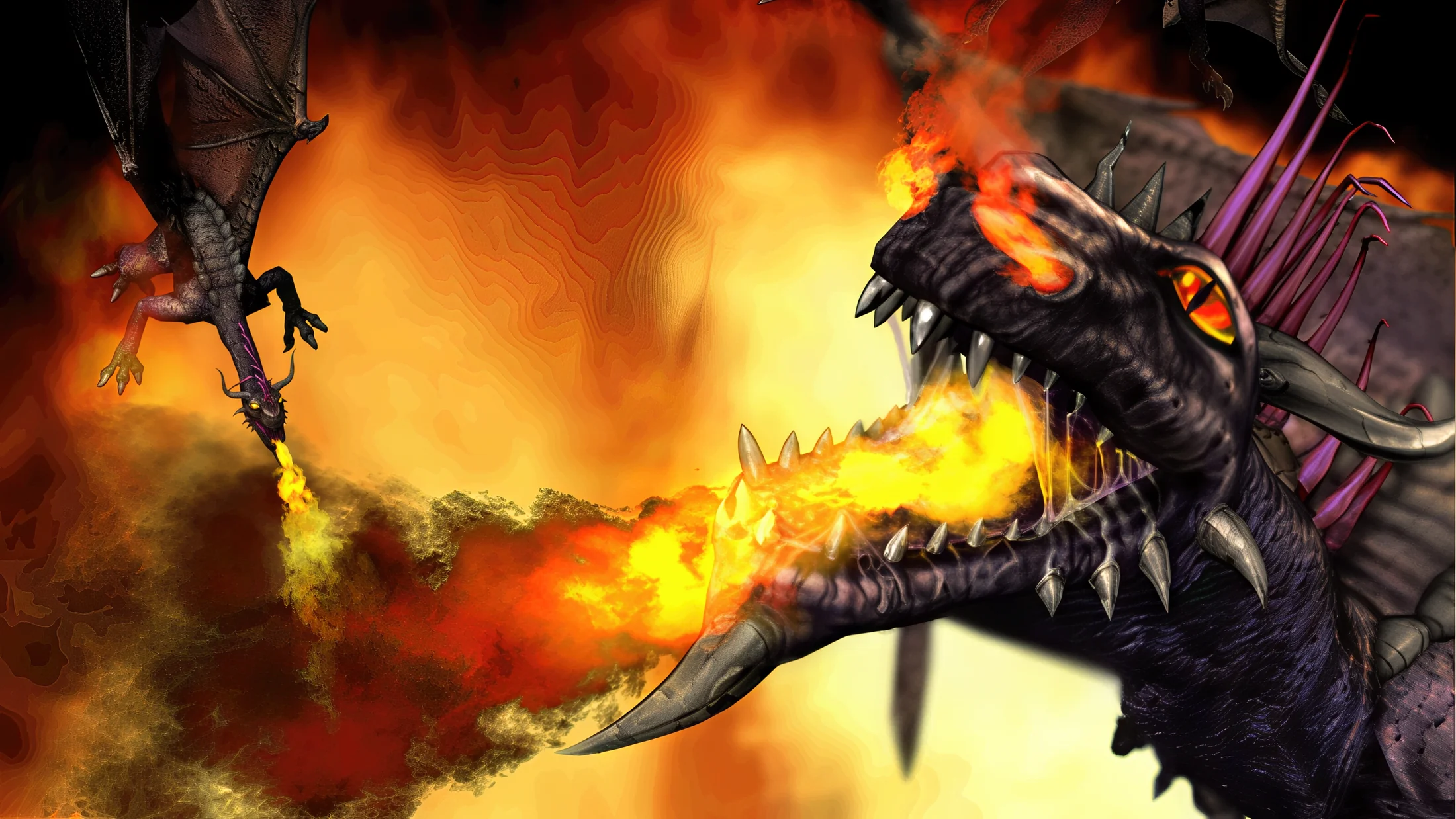 A fire-breathing dragon towers over a battlefield in original Tzar artwork
