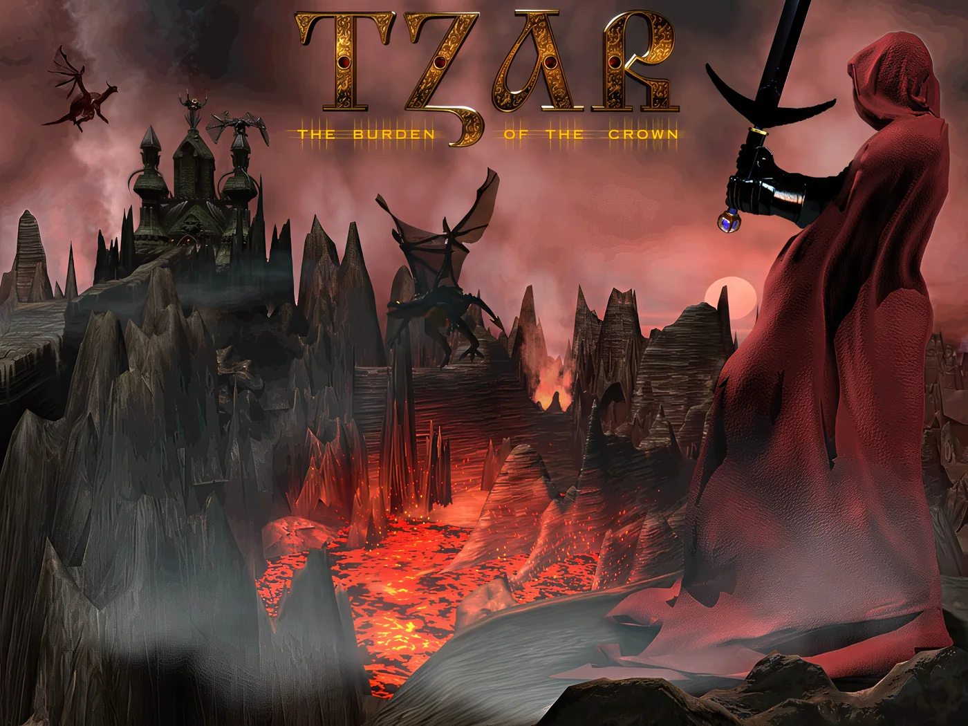 A dark fortress stands above a river of fire