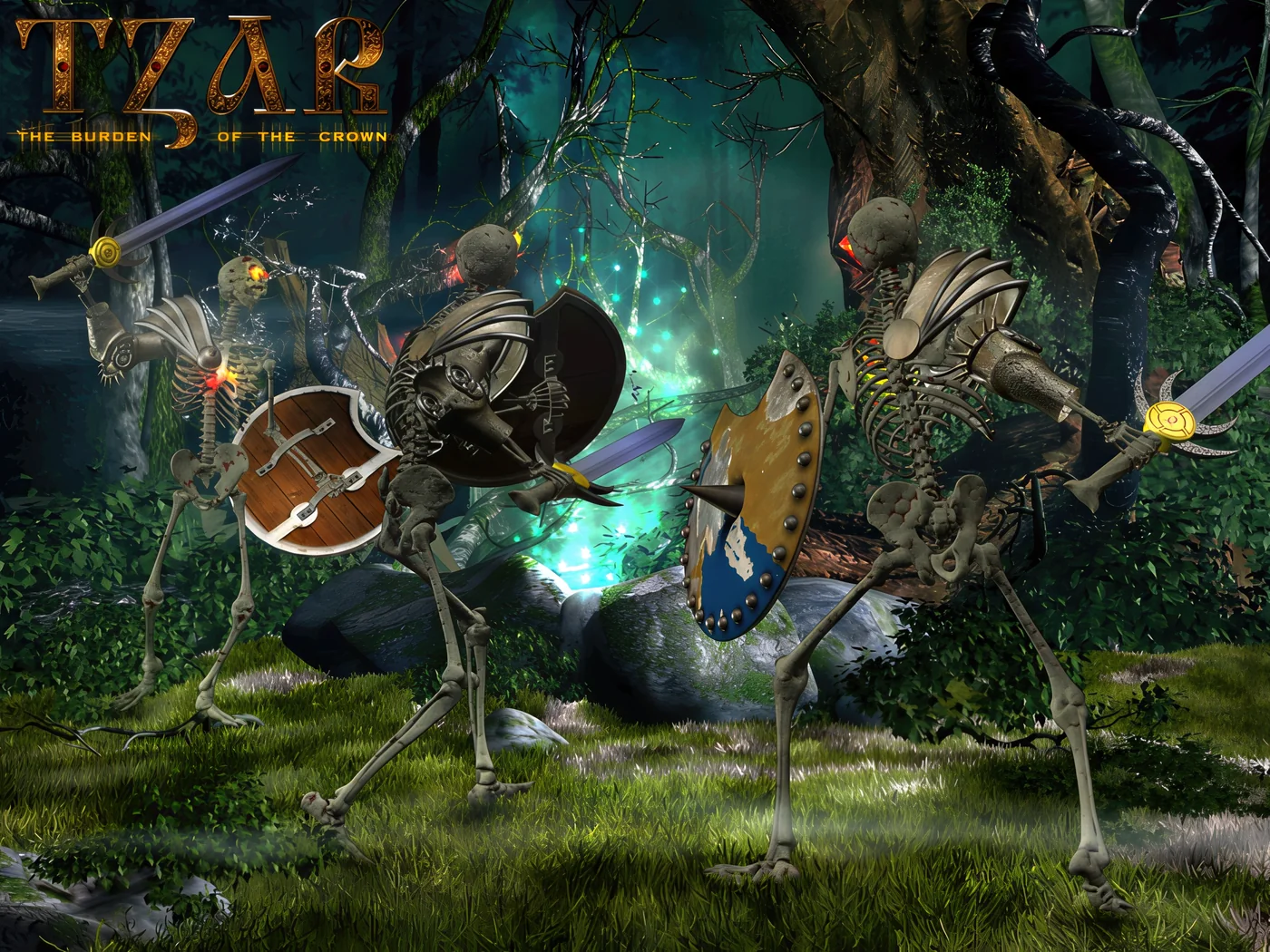 Warriors and a sorcerer face one another in an enchanted forest